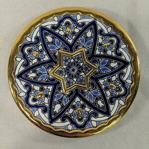 Cercolon 6" Hand Painted 24k Gold Blue Decorative Ceramic Plate Wall Trivet